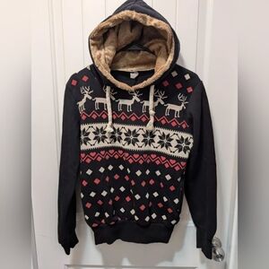 Youth Ugly Christmas Sweater with Hoodie UNISEX Sz XL By Buse Faux Fur Reindeer